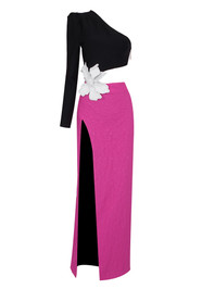 One Sleeve Flower Maxi Dress Black Hot Pink