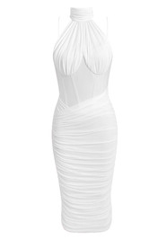 Halter Corset Ruched Midi Dress White