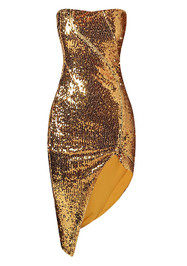 Strapless Zipper Detail Sequin Midi Dress Gold