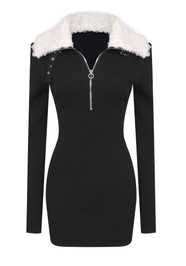 Long Sleeve Fleece Detail Ribbed Dress Black