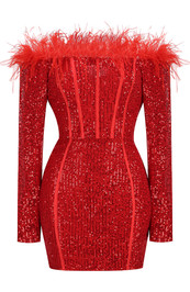 Long Sleeve Feathers Sequin Dress Red