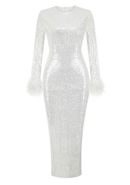 Long Sleeve Feather Detail Sequin Midi Dress White
