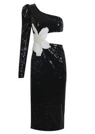 One Sleeve Flower Sequin Midi Dress Black