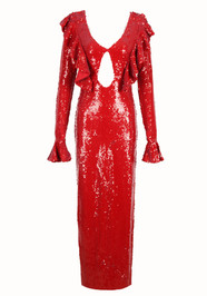 Long Sleeve Ruffle Sequin Maxi Dress Red