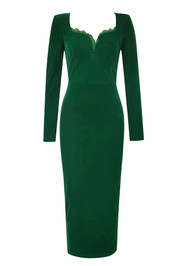 Long Sleeve Lace Insert Midi Velvet Dress Green
