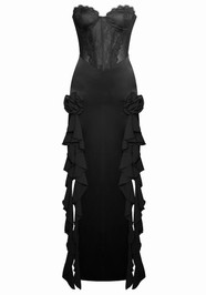 Strapless Lace Corset Ruffle Maxi Dress Black