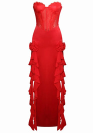 Strapless Lace Corset Ruffle Maxi Dress Red