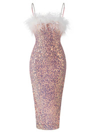 Feather Detail Sequin Midi Dress Pink White
