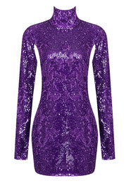 Long Sleeve Sequin Backless Dress Purple