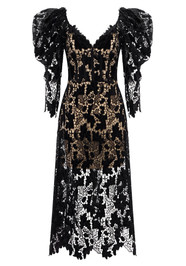 Puff Long Sleeve Lace Midi Dress Black