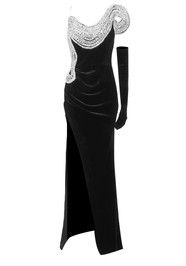 Crystal Strapless Mermaid Maxi Velvet Dress Black