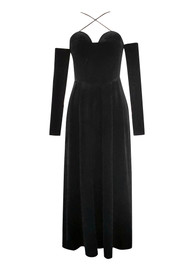 Halter Long Sleeve A Line Velvet Maxi Dress Black