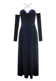 Halter Long Sleeve A Line Velvet Maxi Dress Blue