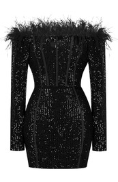 Long Sleeve Feathers Sequin Dress Black