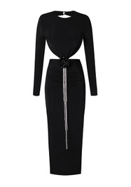 Long Sleeve Crystal Detail Backless Maxi Dress Black