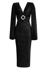 Puff Long Sleeve Midi Velvet Dress Black