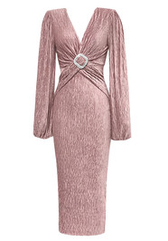 Puff Long Sleeve Midi Velvet Dress Pink