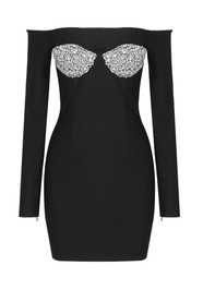 Long Sleeve Crystal Bustier Dress Black
