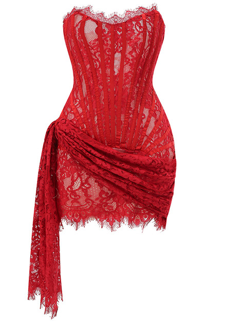 Strapless Lace Corset Dress Red