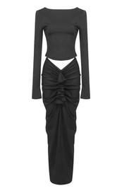 Long Sleeve Draped Two Piece Maxi Dress Black