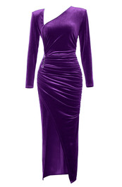 Long Sleeve Draped Midi Velvet Dress Purple