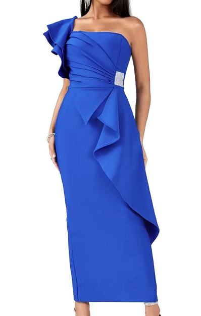 One Shoulder Ruffle Maxi Dress Blue