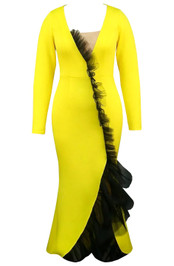 Long Sleeve Mesh Ruffle Maxi Dress Yellow Black