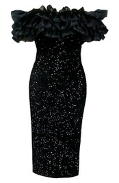 Ruffle Off Shoulder Sequin Midi Dress Black
