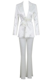 Long Sleeve Pearl Silk Suit White