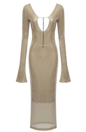 Long Sleeve Sequin Backless Midi Dress Light Brown