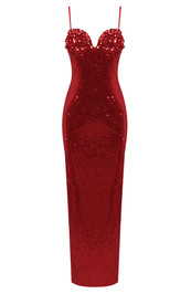 Flower Bustier Sequin Maxi Dress Red