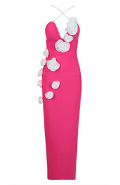 Flower Pearl Straps Maxi Dress Hot Pink