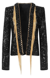 Long Sleeve Sequin Chain Tassel Jacket Black