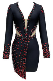 Long Sleeve Red Crystals Dress Black