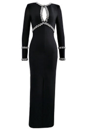 Long Sleeve Crystal Trim Maxi Dress Black