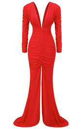 Long Sleeve Ruched Mermaid Maxi Dress Red