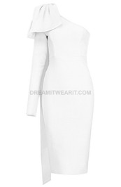One Sleeve Bow Midi Dress White