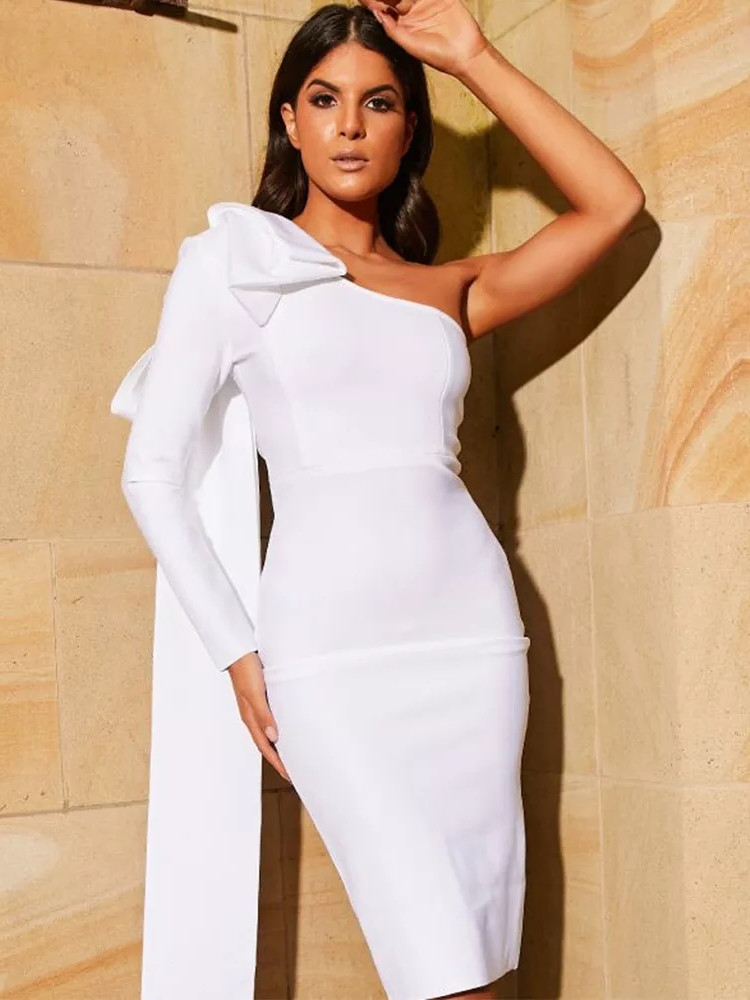 One Sleeve Bow Midi Dress White- Luxe Dresses and Luxe Party Dresses
