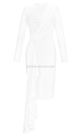 Long Sleeve Draped Detail Midi Dress White