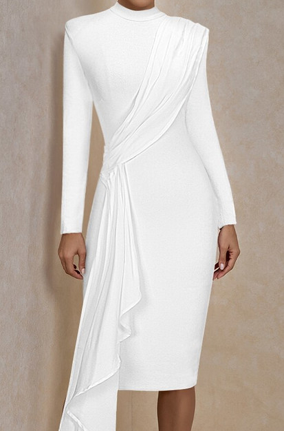 Long Sleeve Draped Detail Midi Dress White