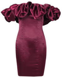 Puff Bardot Satin Dress Burgundy