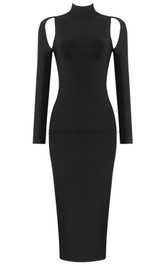 Long Sleeve Cut Out Backless Midi Dress Black