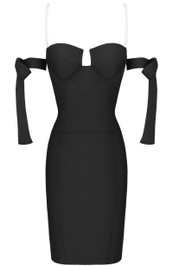 Pearl Strap Bardot Bustier Midi Dress Black