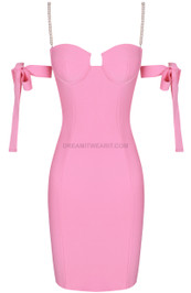 Pearl Strap Bardot Bustier Midi Dress Pink