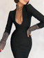 Long Sleeve Embellished Panel Midi Dress Black