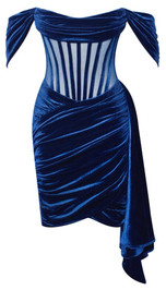 Off Shoulder Draped Corset Velvet Dress Blue