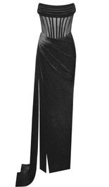 Strapless Draped Corset Maxi Velvet Dress Black