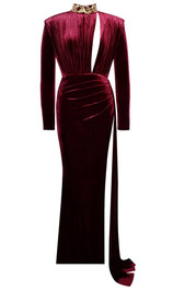 Long Sleeve Draped Maxi Velvet Dress Burgundy