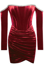 Long Sleeve Off Shoulder Corset Velvet Dress Red