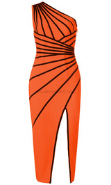 One Shoulder Black Trim Midi Dress Orange